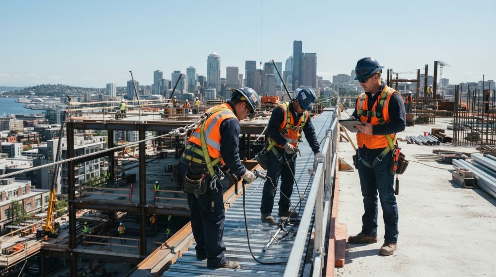 Construction falls in 2026 prevention with workers using fall protection