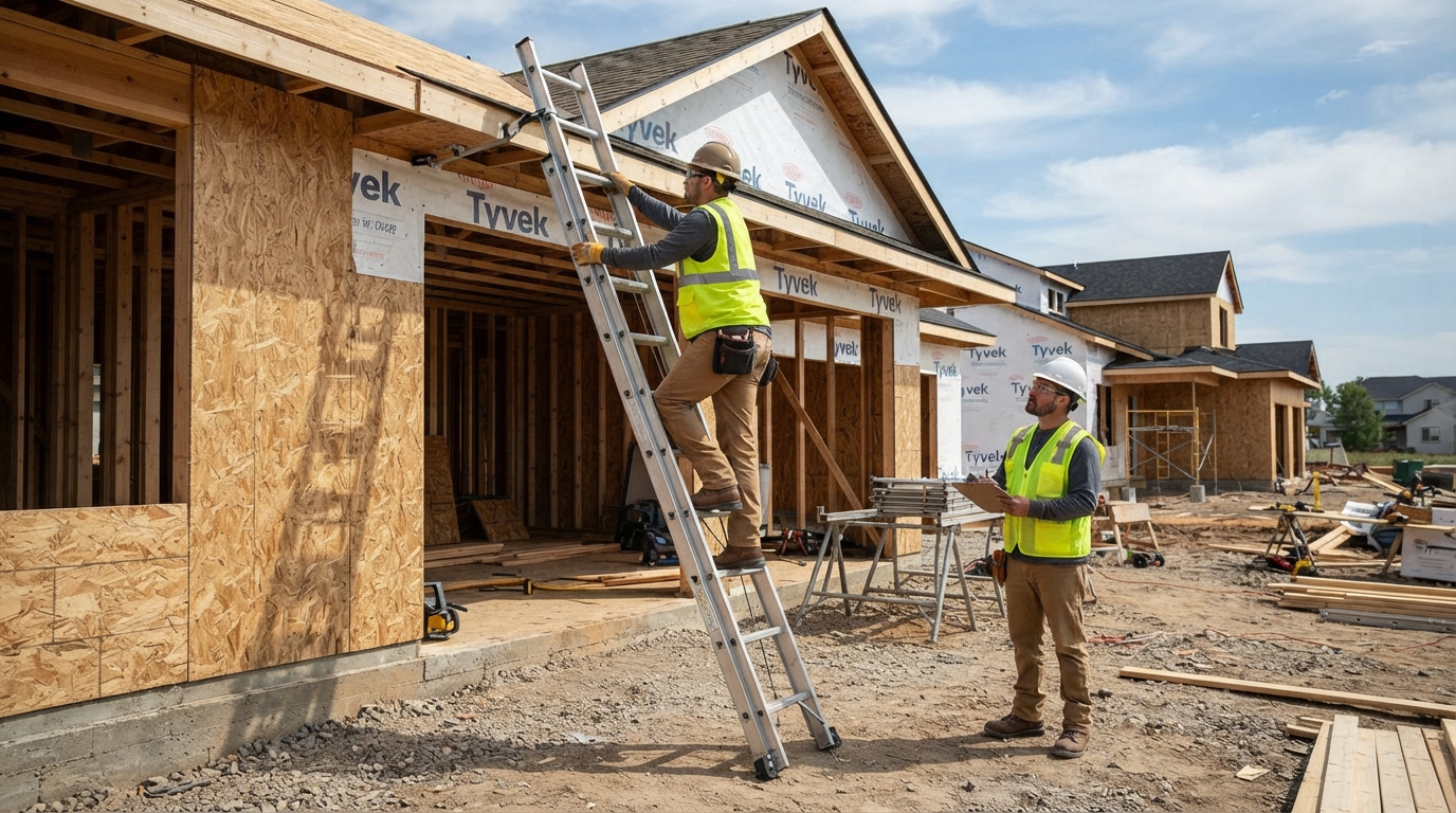 Construction worker using a ladder safely to prevent jobsite falls