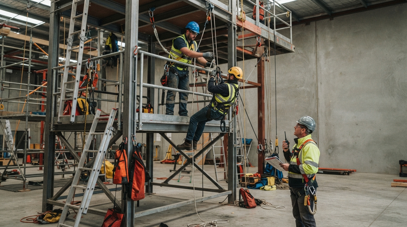 Construction workers practicing a fall protection and rescue plan
