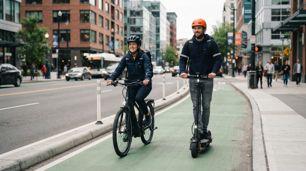 E-bike and e-scooter safety in 2026 with helmeted riders using a protected bike lane