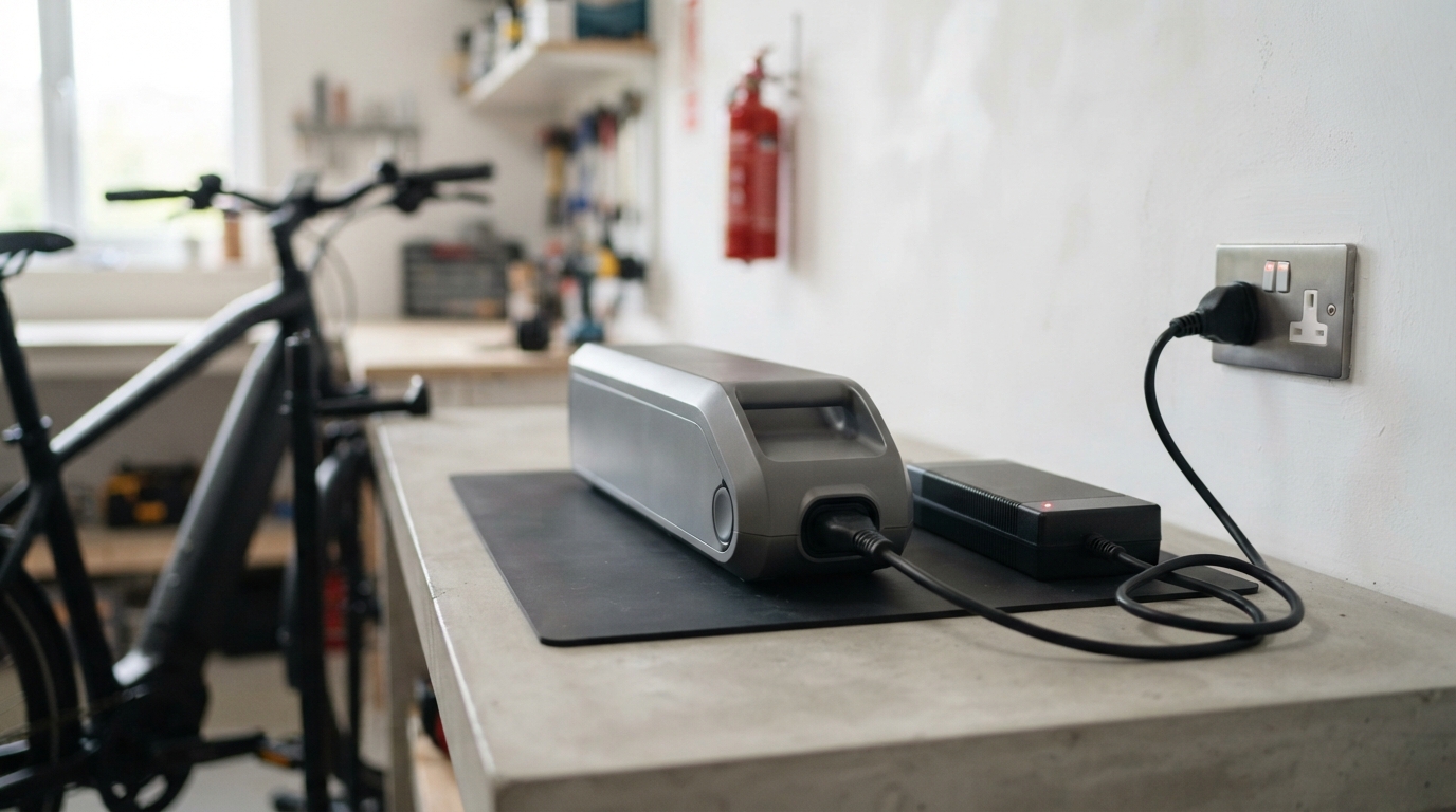 E-bike battery being charged safely with the correct charger