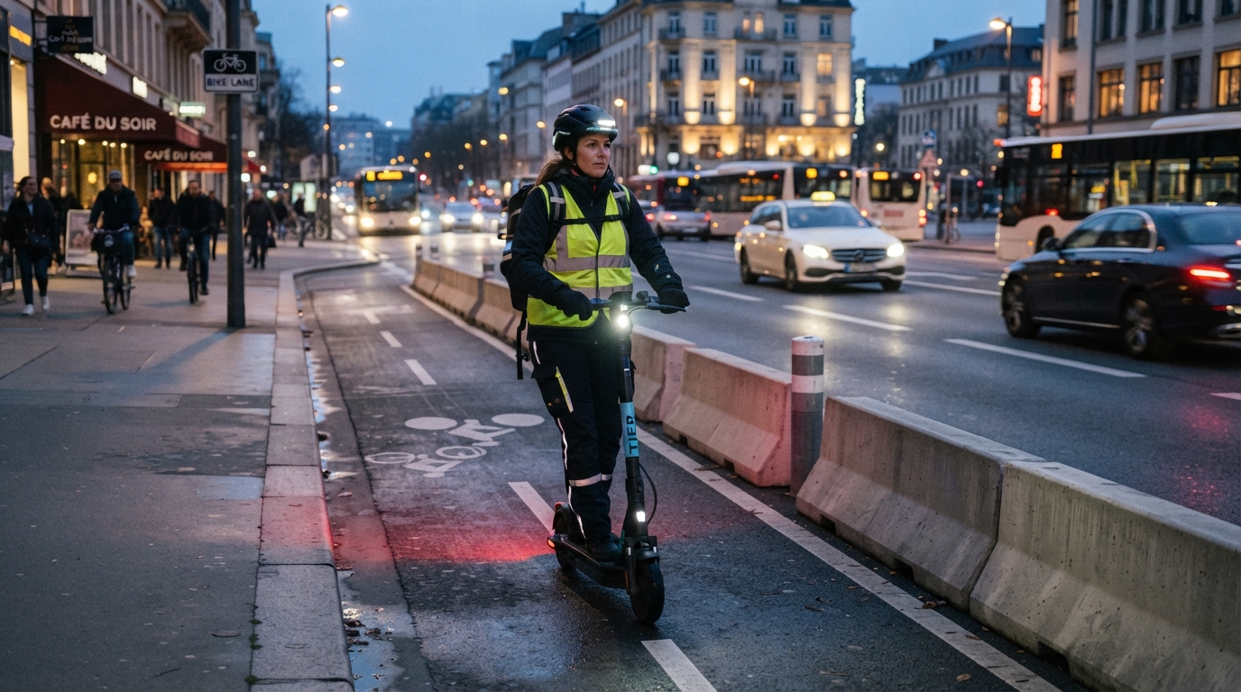 E-scooter rider using a helmet, lights, and reflective gear for safer riding