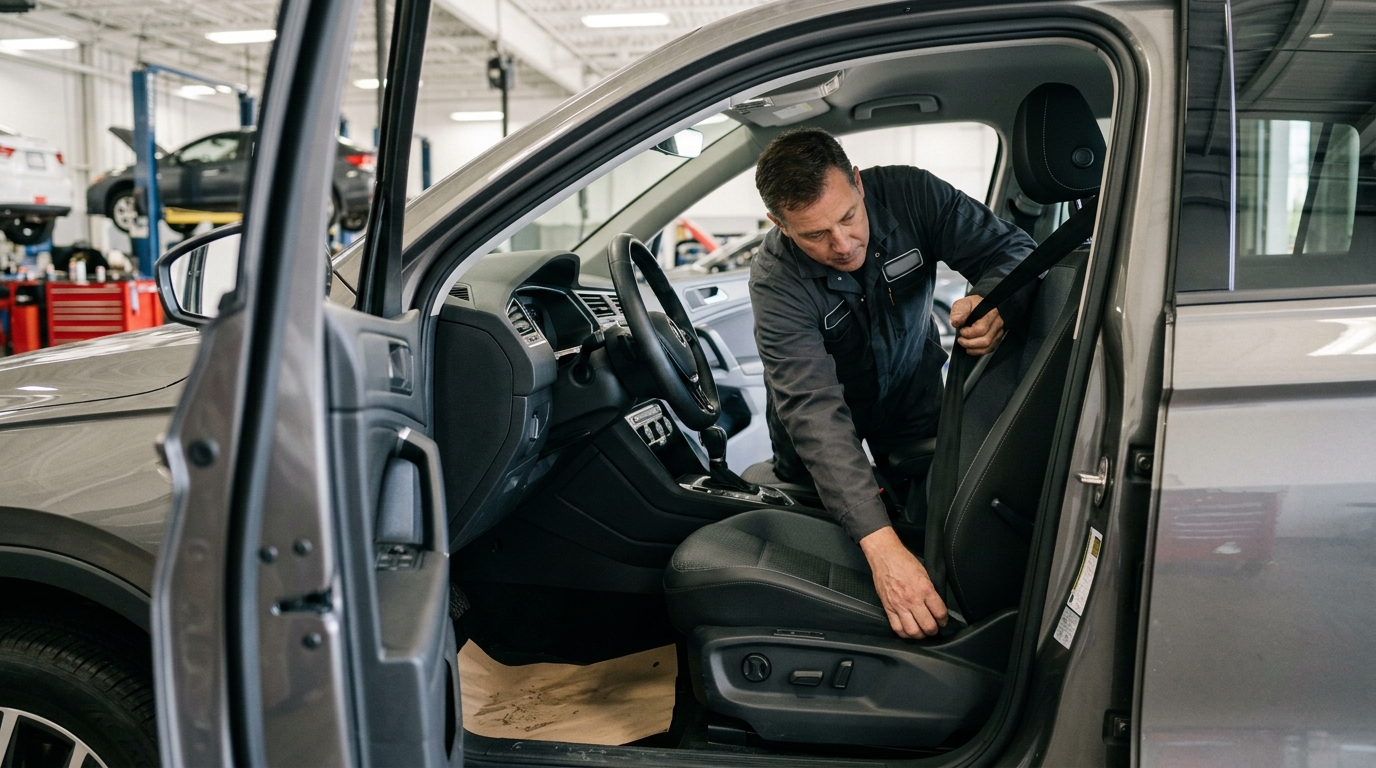 Technician checking seat belts and vehicle safety features before a car purchase