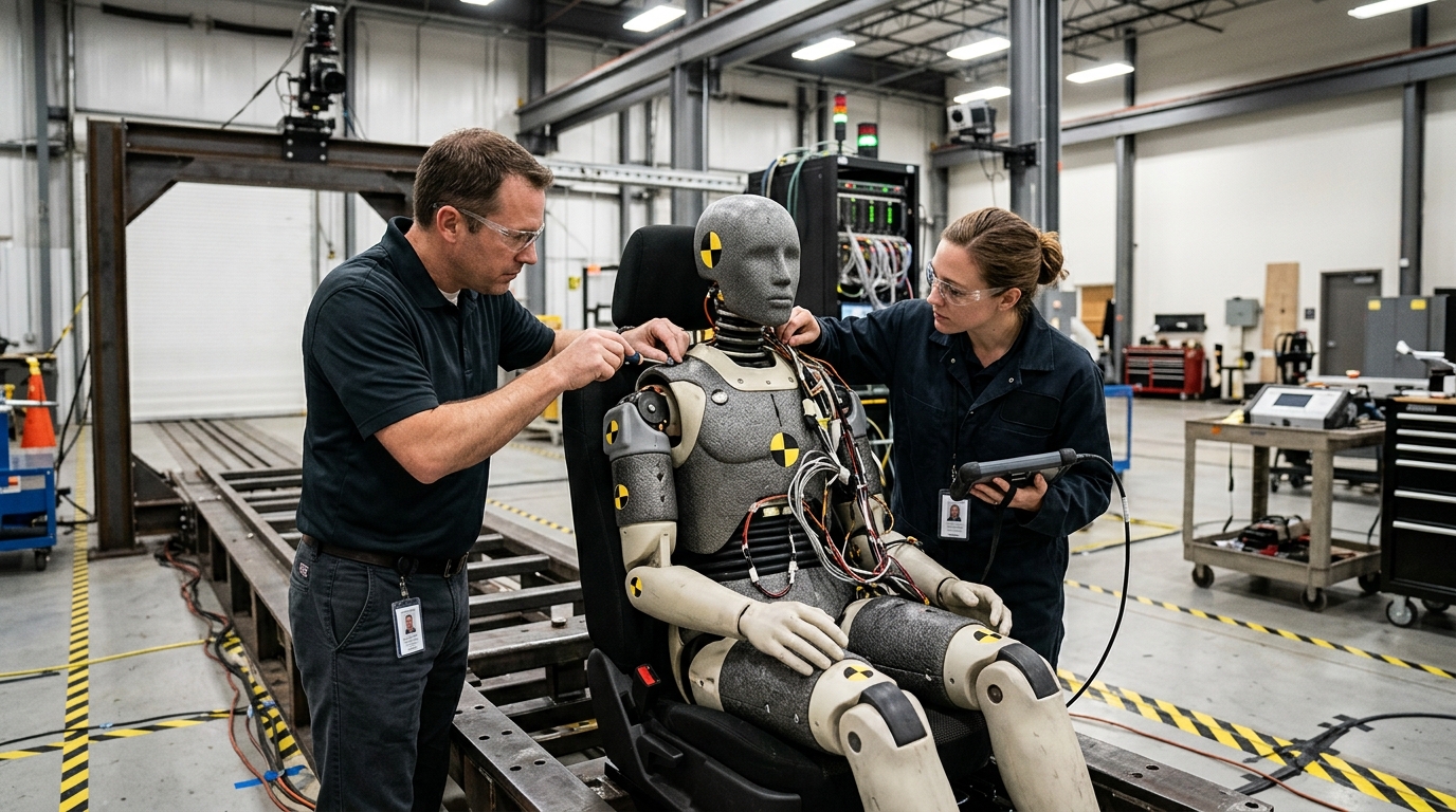 Vehicle safety researchers examining crash test dummy sensors used to measure injury risks